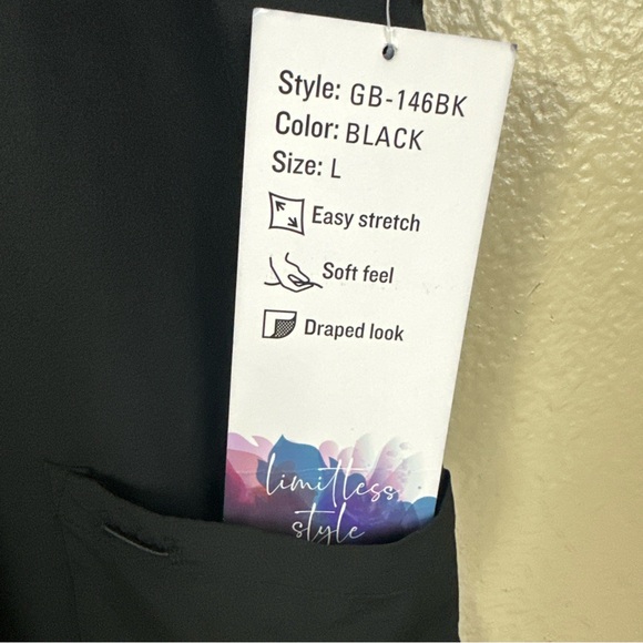 Zikit Stretch Black Sz L Scrub Top  Tassel Zipper Pockets Business Faux Leather - Picture 6 of 9